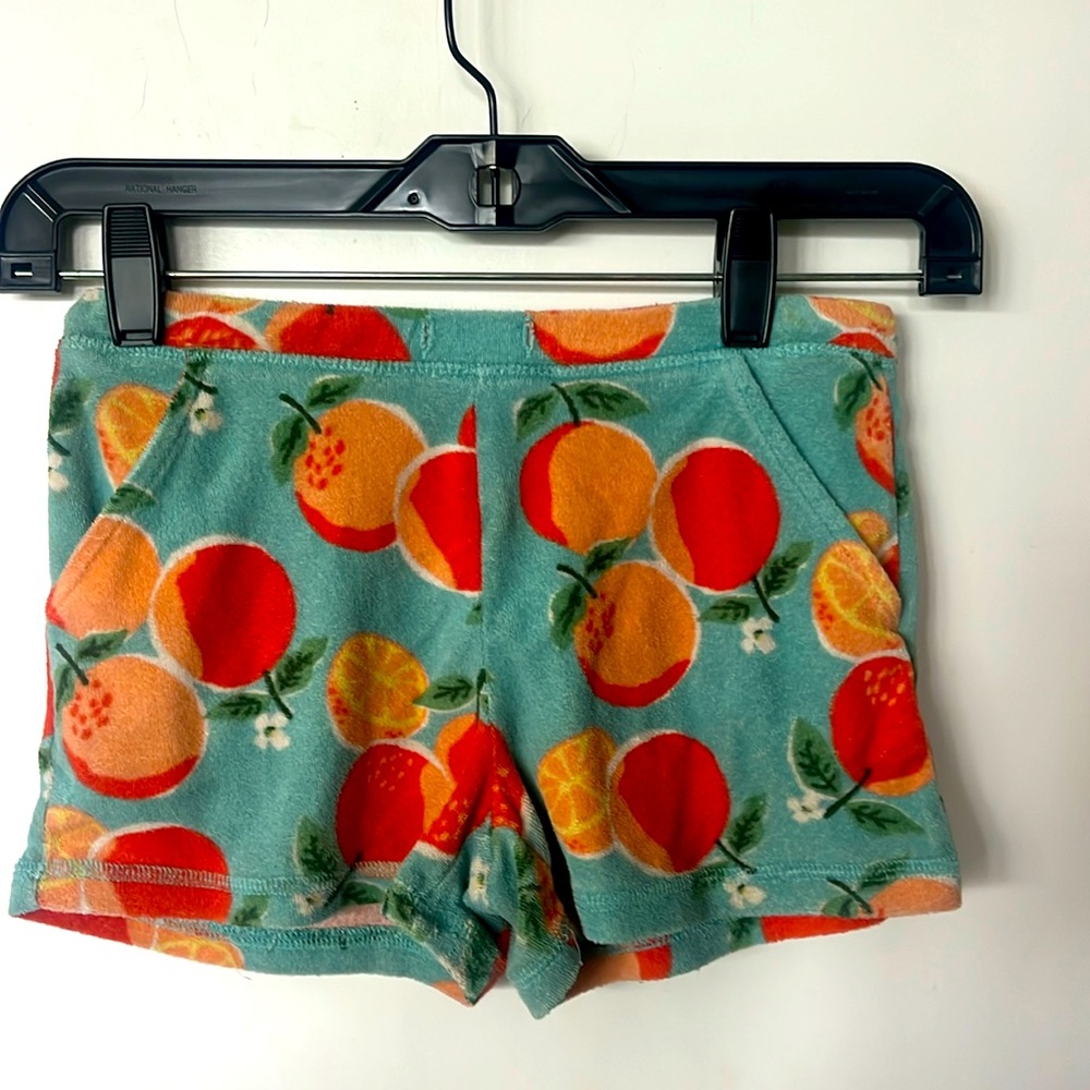 Mini Boden green toweling oranges & peaches Terri cloth shorts size 7 youth